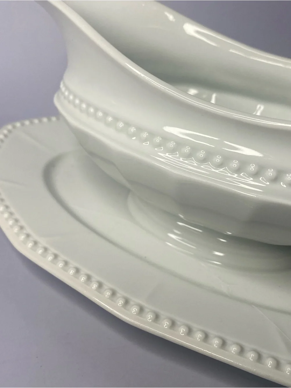 Vintage Hutschenreuther Porcelain Gravy Boat Attached Underplate White Beaded